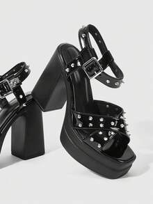 Sugerpunk Sandalias de plataforma de tacón alto con punta cuadrada y abierta, estilo callejero para mujer. Diseño de hebilla cuadrada de metal con tachuelas góticas de estilo punk, correa de tobillo elástica, plataforma gruesa impermeable, tacón ancho. Zapatos de mujer para discoteca, fiesta y festival de primavera/verano, de fácil puesta. - Negro - Ver 3