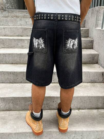 Manfinity EMRG Quần short denim nam dáng rộng, thêu họa tiết, có túi sau, phong cách đường phố, thích hợp cho mùa hè.