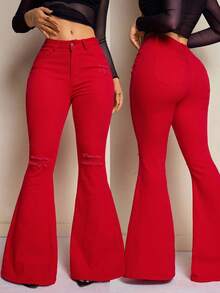 SHEIN SXY Women's Solid Color Front Button Pocket Casual Denim Pants - Red - View 1