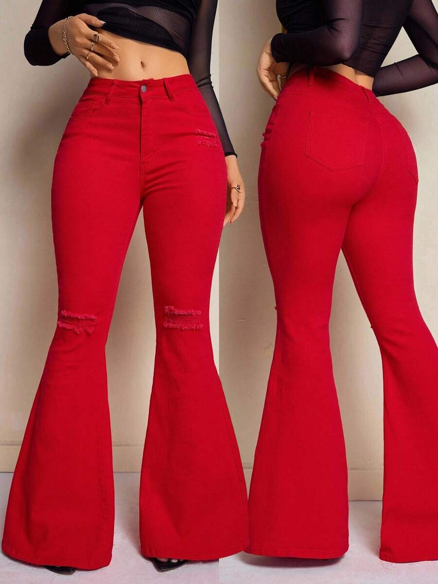SHEIN SXY Women's Solid Color Front Button Pocket Casual Denim Pants - Red - View 1