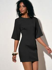 Zivah Chic Black Summer Round Neck Short Sleeve Fitted Linen Mini Dress For Brunch,Vacation,Beach,Party,Wedding Guest,Commute & Casual Daily Wear - Black - View 9