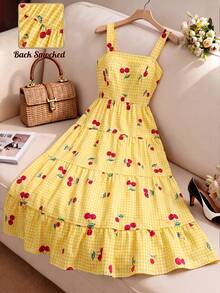 Elenzga Plus Size Plaid & Cherry Print Ruffle Hem Sleeveless Dress - Yellow - View 7
