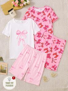 Bộ 4 quần short tay ngắn in họa tiết bướm phong cách múa ballet cho bé gái tuổi teen, màu hồng ngọt ngào, đồ mặc nhà thoải mái & đồ mặc thường ngày, đồ thể thao vừa vặn - Nhiều màu - Xem 5