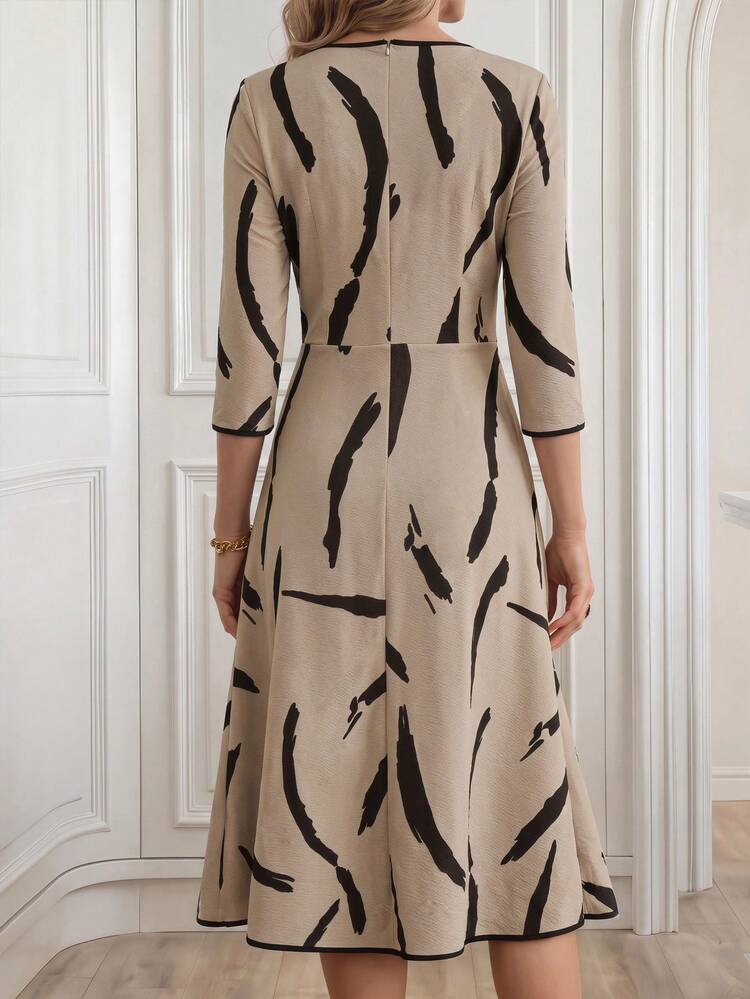 Elegant All-Over Print Round Neck Dress For Middle-Aged & Elderly Women,Summer Dress,Festival Outfit Women,Going Out Dress,Elegant Dresses For Women, Ruffle Dress,Elegant Black & Beige Floral Midi Dress For Women – 3/4 Sleeve Belted A-Line Dress With Bold Flower Print, Perfect For Summer & Spring, Ideal For Wedding Guest, Party, Graduation, Formal Office, And Going Out Occasions