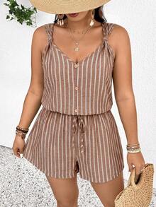 SHEIN Frenchy Plus Size Striped V-Neck Sleeveless Casual Loose Jumpsuit Casual Brown Striped Jumpsuit For Women Casual Vacation Going Out Jumpsuit For Women - Brown - View 7