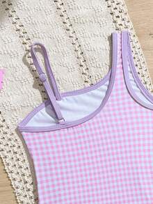 SHEIN Blue & White Plaid Print With Red Trim Young Girls One-Piece Swimsuit - Baby Pink - View 4