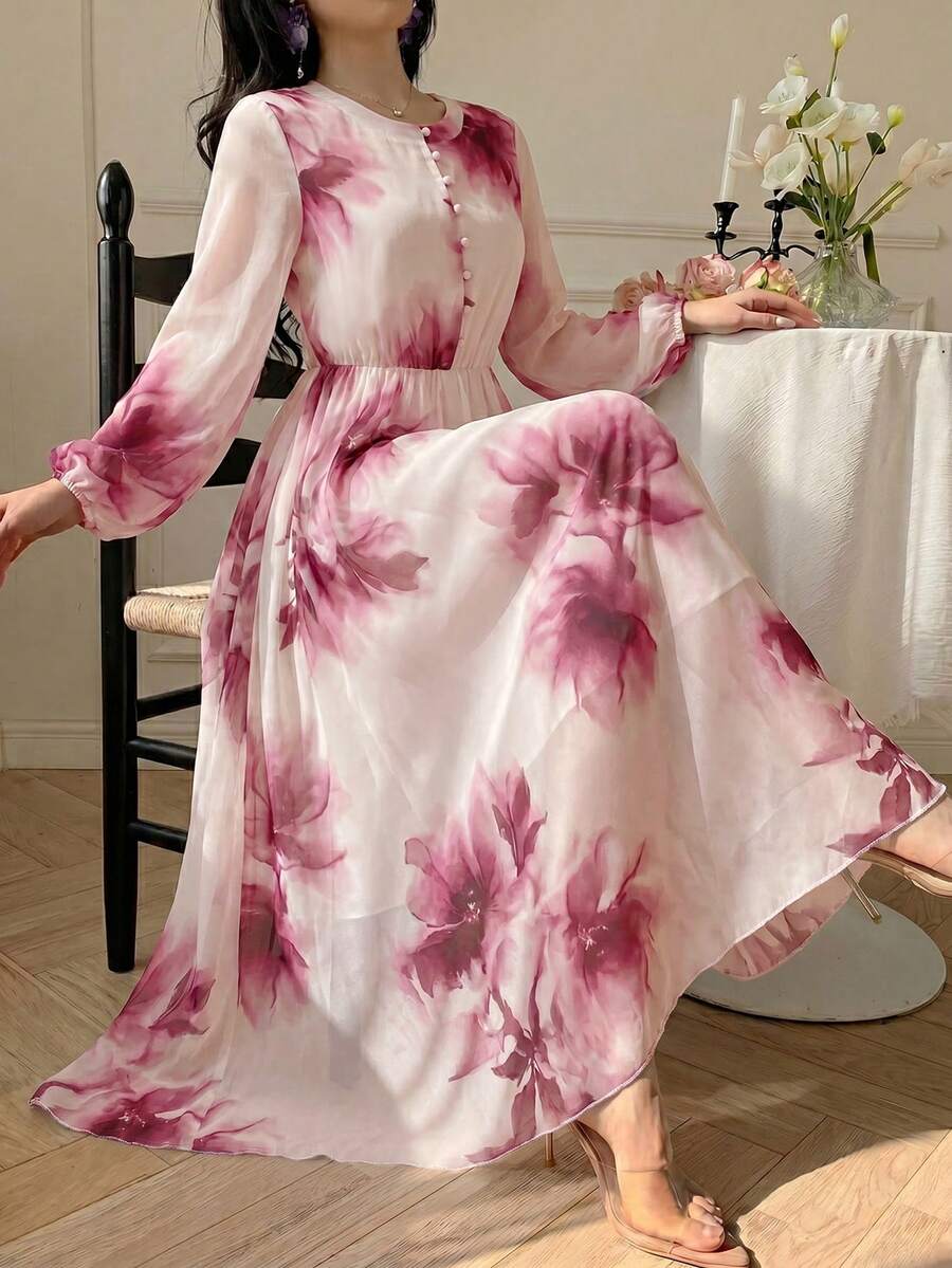 Modelyn 春夏時尚平領長袖雪紡碎花印花修身喇叭裙