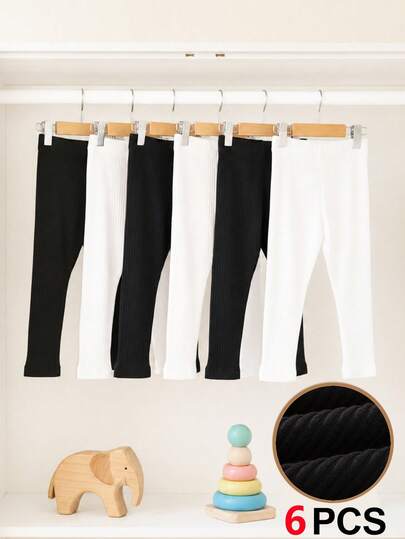 SHEIN Playful Pals Bộ 6 món quần legging, quần dài, quần bó sát màu trơn dễ phối đồ cho bé gái, quần trẻ sơ sinh, bộ 3 món, quần legging nhung kẻ dệt kim cho bé gái, thích hợp cho mùa xuân, hè, thu, đông.