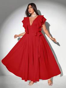 Viva Relle Gaun Chiffon A-Line Lengan Ruffle Leher V Elegan Romantis untuk Wanita Ukuran Plus - Merah - View 2