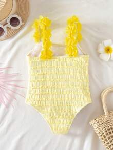 SHEIN Kids Holiday Vacation Young Girl Knitted Solid Color One-Piece Yellow Bow Swimwear - Yellow - View 3