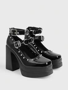 Sugerpunk Ladies Street Fashion Nightclub Solid Color Glossy Mary Jane Platform High Heel Shoes, Punk Style Gothic Retro Low Vamp Square Toe Metal Rivet Square Buckle Ankle Belt Design Suitable For Holiday Party Commuting - Dark black - View 2