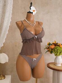 Swim Mod Conjunto de traje de baño tankini de 2 piezas con estampado de lunares, tirantes finos, decoración de lazo con volantes y top triangular, talla estándar para mujer - Café integral - Ver 4