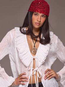 MUSERA Tie Front Ruffle Collar Sheer Blouse Spring Summer Holiday Vacation Ibiza Elegant Roja De Sol - White - View 2