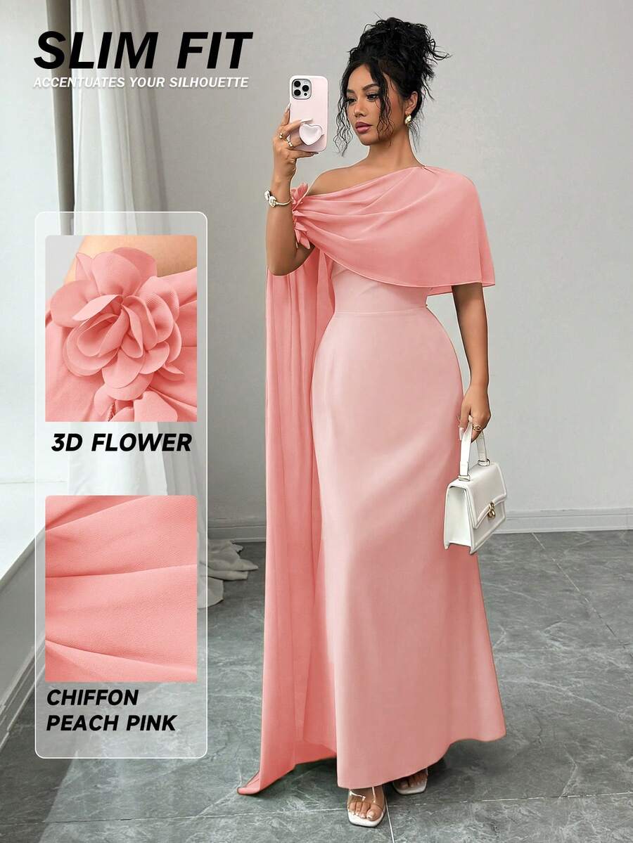 Rafferiza 女士长款雪纺拼接裹身3D立体花卉连衣裙 - 粉色 - 查看 1