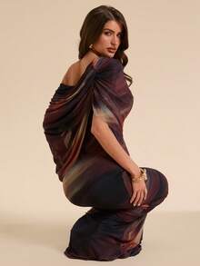SHEIN BAE Đầm ôm dáng thanh lịch màu nâu nhuộm tie-dye dành cho nữ, thích hợp cho mùa xuân/hè. - màu nâu - Xem 2