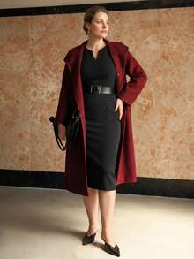 MOTF PREMIUM PLUS SIZE MINIMALIST CHIC FASHION SPLIT DESIGN DETAIL WITH WIDE BELT MID-LENGTH DRESS - Black - View 4