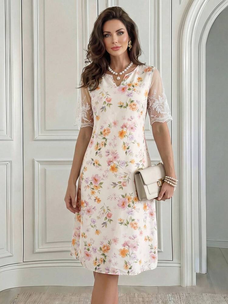 Women's Floral Print V-Neck Embroidery Patchwork Vacation Dress, Countryside Style