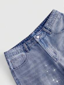 ROMWE MEN Street Life Men's Casual Denim Shorts With Pockets & Rhinestone Decor - Blue - View 3