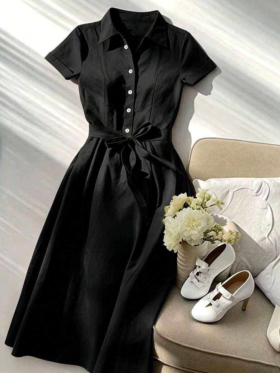 Franclia Elegant Linen Polo Collar Slimming Dress - Black - View 1