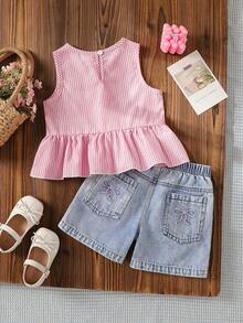 SHEIN Young Girls' Round Neck Sleeveless Ruffle Bow Decor Summer T-Shirt Set - Pink - View 2