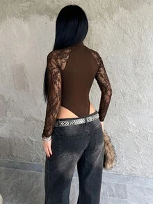 Dayanna Comas Women's Spring/Summer Music Festival Party Breathable Mesh Stretchy Bodysuit Jumpsuits,Valentine's Day - Brown - View 2