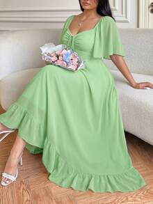 Vibekara Plus Size Casual V-Neck Ruffle Sleeve A-Line Dress, Elegant And Comfortable For Outings - Green - View 1