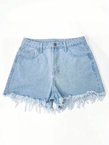 SHEIN PETITE Damen Hellblaue Denim Shorts mit ausgefranstem Saum, Sommer, Petite Frauen - Helle Waschung - Übersicht 5