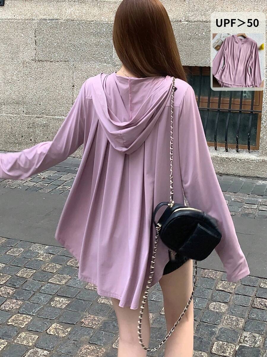 DAZY 女士不对称下摆休闲甜美文艺风宽松连帽轻薄外套,适合春、夏、秋季穿着,时尚度假沙滩户外休闲之选 - 粉色 - 查看 1