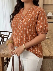 Weeklong Plus Size Women's Spring/Summer Notched Neck Elastic Cuff Botanical Print Casual Vacation Shirt - Multicolor - View 4