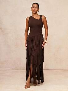 Lumalex Vestido con cuello asimétrico, cintura ceñida y volantes exagerados en capas para mujeres - Marrón - Ver 4