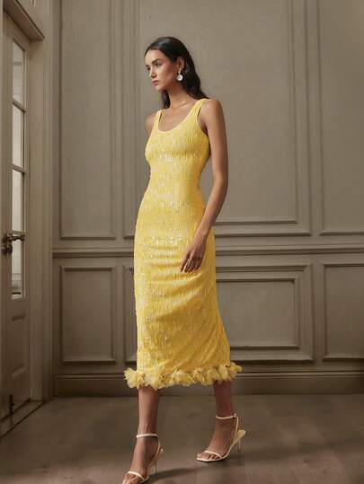 VOLUPTÉ CURVE Women's Summer Yellow Sequin Round Neck Sleeveless Fitted Split Feather Hem Extra 4th July Long Dress For Wedding Guest Graduation Vacation Party