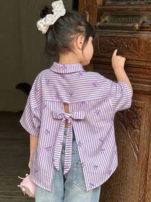 Young Girl Casual Comfortable Striped Collar Open Front Loose Short Sleeve Hollow Back Woven Shirt - Purple - View 5