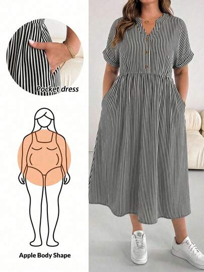 SHEIN Essnce 大码夏季休闲条纹V领短袖连衣裙