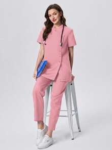 Scrubzie 防皱立领短袖多扣女士工作服套装（上衣和裤子） - 粉色 - 查看 4
