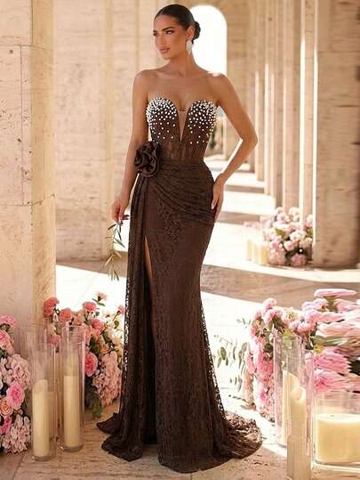 Glamrae Elegant Luxurious Sexy Strapless Elastic Lace Ruched Slit Fishtail Dress, Suitable For Weddings, Singles Parties, Vacations, Balls, Formal Occasions (Embellished Version)