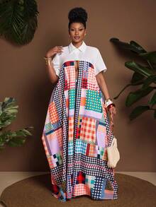 Maweii Plus Size Women's White Summer Bali Vacation Contrasting Plaid Patchwork Shirt Skirt, Music Festival Lapel Loose Skirt - Multicolor - View 1
