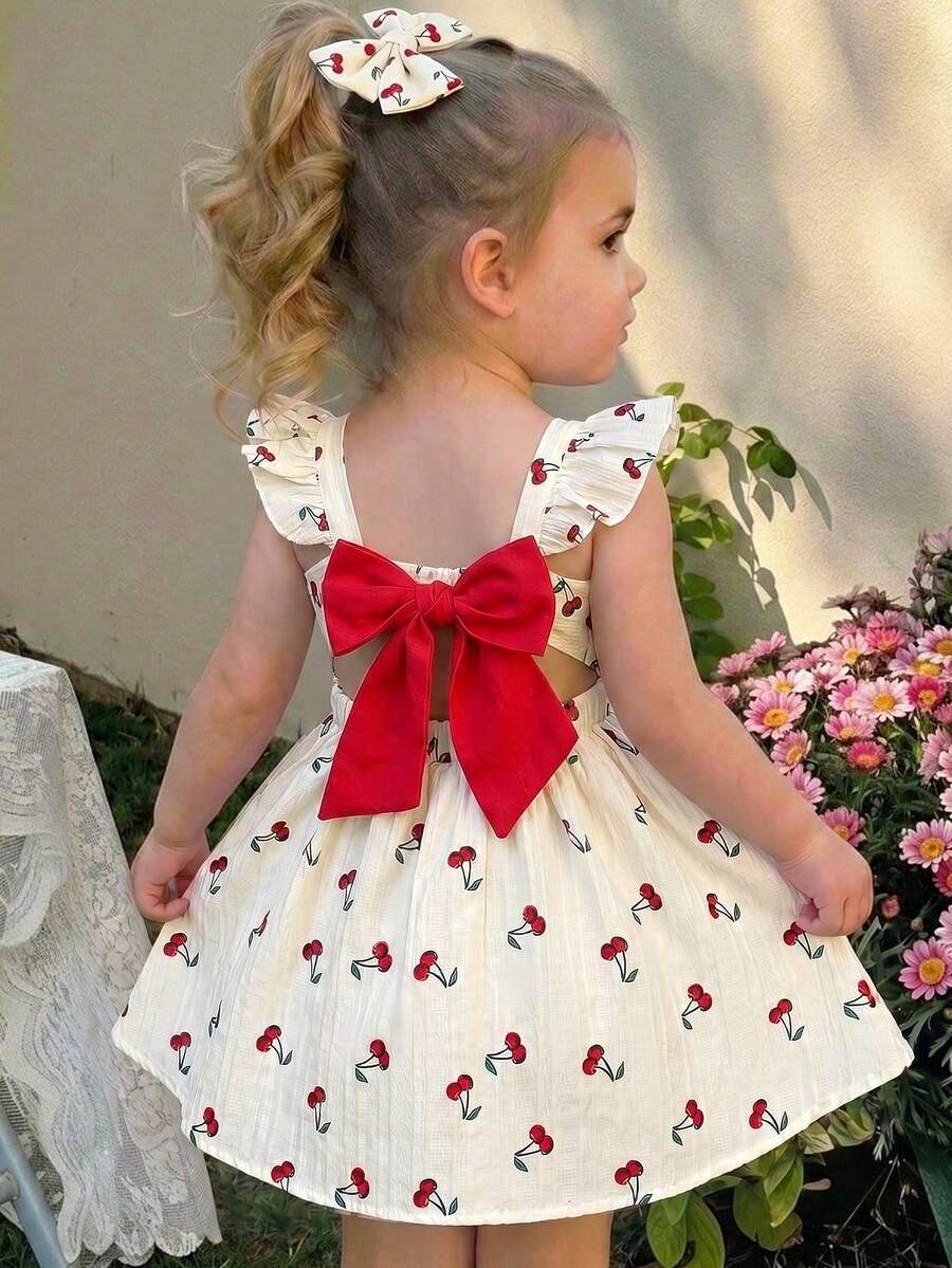 LMoss Kids Baby Girl Woven Square Neck Ruffle Hem Cherry Pattern Casual Dress - Multicolor - View 1