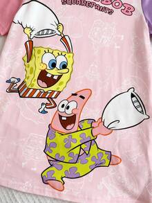 SpongeBob SquarePants | SHEIN 少女卡通印花休闲家居睡衣 - 淺粉色 - 查看 4