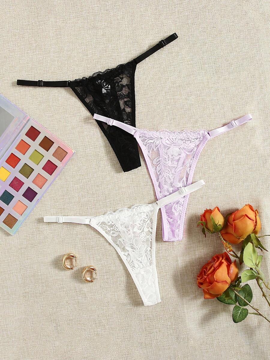 SHEIN Set de 3 piezas de bragas sin costuras con borde de encaje en unicolor y sexy - Multicolor - Ver 1