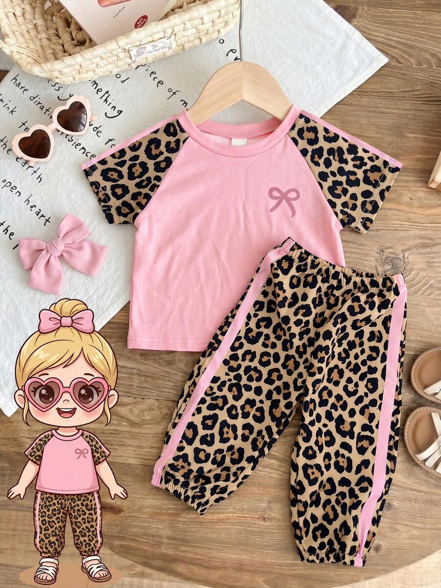 SHEIN Elladie kids 女嬰 2件/套 粉紅色夏季套裝 可愛休閒度假風 刺繡裝飾 短袖泡泡袖圓領上衣&長褲 - 綠色 - 查看 1