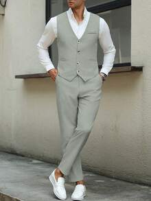 Calvornis Men Business Formal Button Front Vest Suit Blazer And Tailored Pants And Men Vest Suit Clothing 2 Pieces Set For Ceremony - Green - View 4