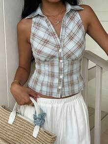 SHEIN EZwear Trang phục thường ngày tối giản, đa năng cho các buổi tụ họp, tiệc tùng, sân bay - Họa tiết kẻ caro màu xanh bạc hà, trang phục công sở nữ, trang phục đi làm nữ, trang phục nghỉ dưỡng nữ, trang phục đi biển, trang phục mùa hè nữ, áo sơ mi không tay cổ bẻ phía trước - Nhiều màu - Xem 4