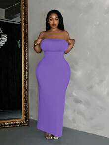 Slaydiva Slayr Plus Elegant Casual Solid Color Bodycon Pocketed Dress For Plus Size Women - Purple - View 3