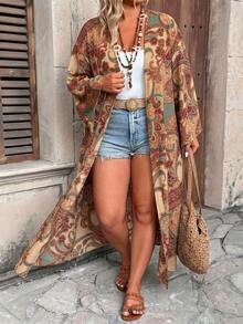 Ceyna Plus Size Women's New Elegant Multi-Color Striped Bohemian Style Colorful Paisley Pattern Open Front Long Sleeve Long Cardigan Cheetah Print Airport - Multicolor - View 3