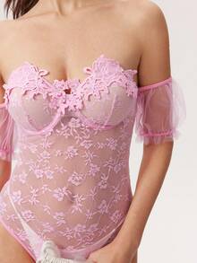 Elorette Pink Off-Shoulder Petal Sleeve Lace Patchwork Sheer Romantic Cute Elegant Sophisticated Women's Lingerie Bodysuit - Pink - View 4