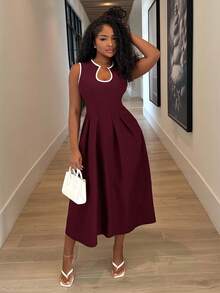 Alexandranx Solid Color U-Neck Waist A-Hem Dress, Contrasting Trim Dress, Elegant Women's Dress, Women's Office/Commuting Wear,Summer Dresses For Women - Burgundy - View 4