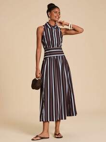 Travachic Elegant Striped Print Front Button Sleeveless Summer Dress,Summer ,Beach ,Elegant,Vacation Dress, - Multicolor - View 8