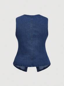 SHEIN MOD 大码女式牛仔背心和阔腿裤两件套 - 深色水洗藍 - 查看 7