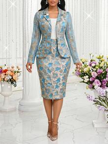 SHEIN Lady 女士提花斑驳领长袖外套和中长裙优雅两件套 - 藍色 - 查看 3