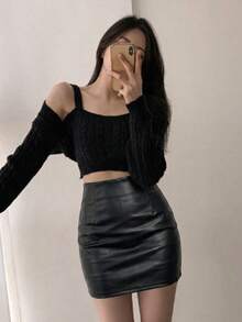 DAZY 女士纯色修身铅笔裙 - 黑色 - 查看 4